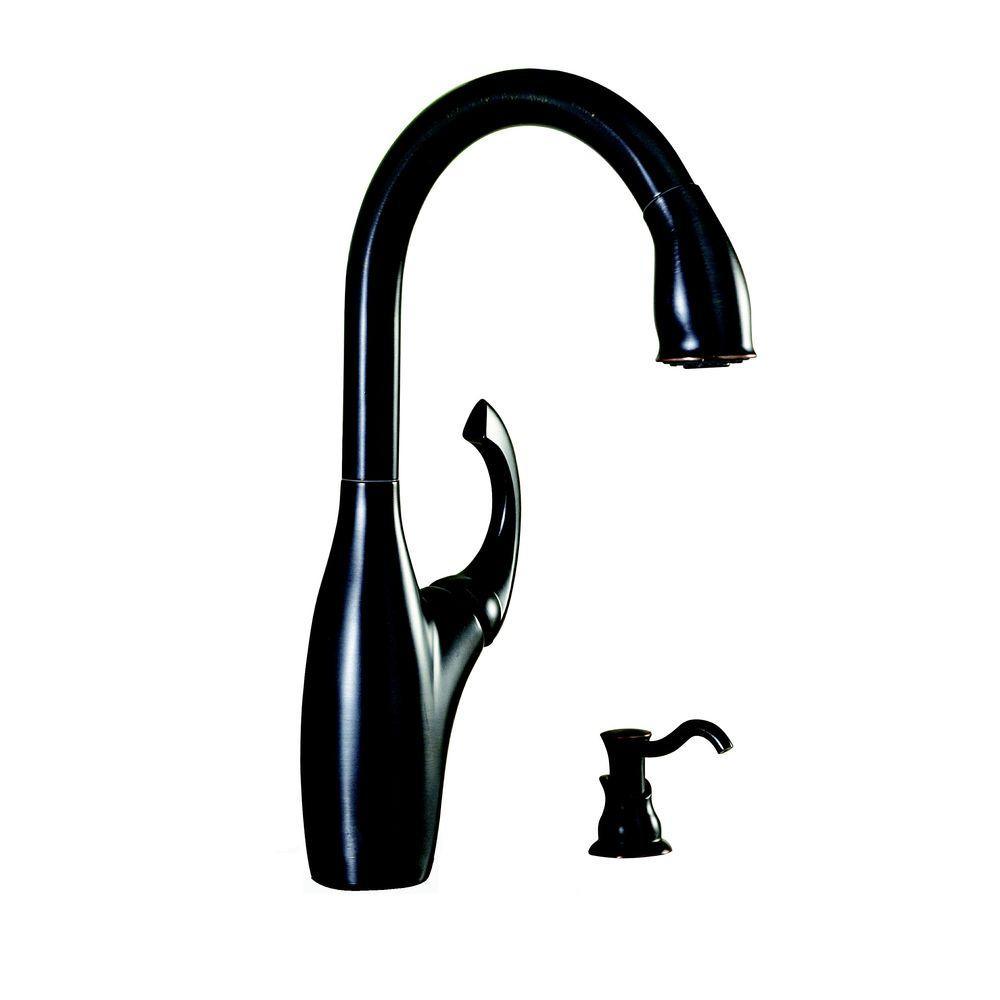 Contemporary Single-Handle Pull-Down Sprayer Kitchen Faucet with Soap Dispenser in Mediterranean Bronze - Super Arbor
