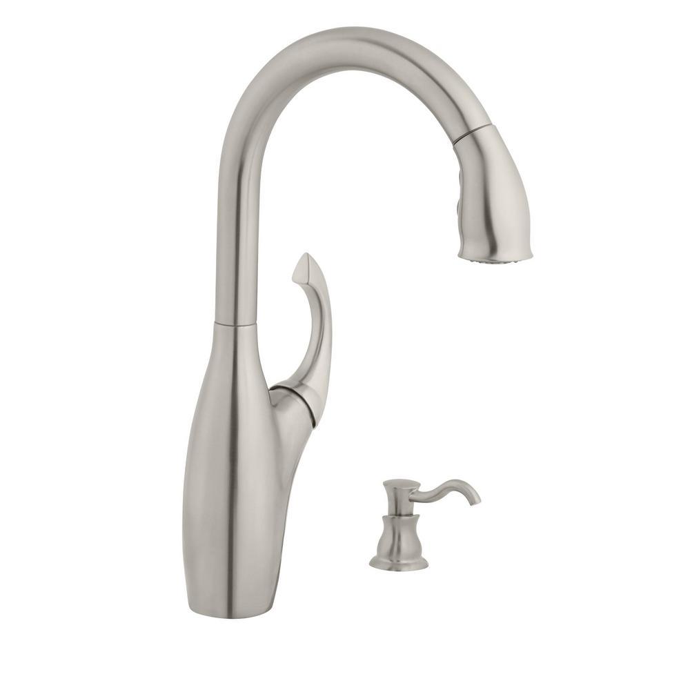 Contemporary Single-Handle Pull-Down Sprayer Kitchen Faucet with Soap Dispenser in Stainless Steel - Super Arbor