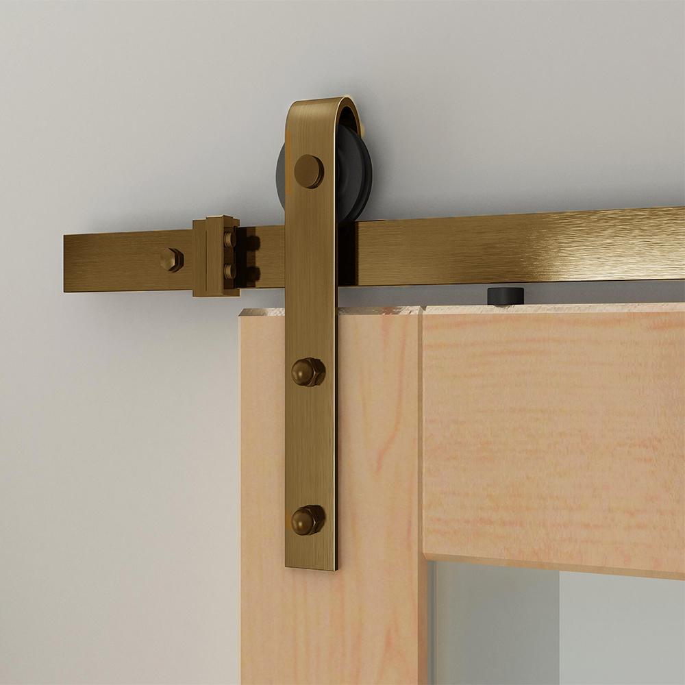 Hook Strap Satin Brass PVD Rolling Barn Door Hardware Kit with 2-3/4 in. Wheel - Super Arbor