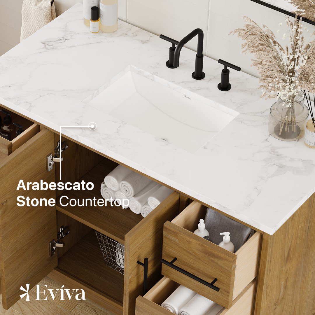 Eviva Graham 48"W x 22"D Oak Bathroom Vanity with White Arabescato Engineered Stone Countertop and Undermount Ceramic Sink