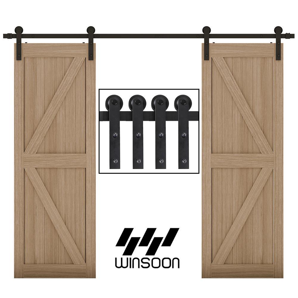 18 ft./216 in. Frosted Black Strap Sliding Barn Door Track Hardware Kit for Double Wood Doors Non-Routed Floor Guide - Super Arbor