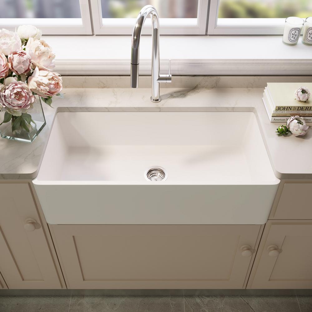 Matte Stone White Composite 33 in. Single Bowl Reversible Flat Farmhouse Apron-Front Kitchen Sink with Strainer - Super Arbor