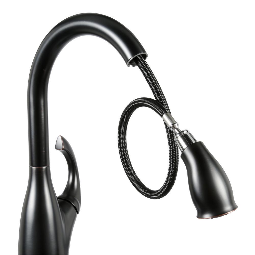 Contemporary Single-Handle Pull-Down Sprayer Kitchen Faucet with Soap Dispenser in Mediterranean Bronze - Super Arbor