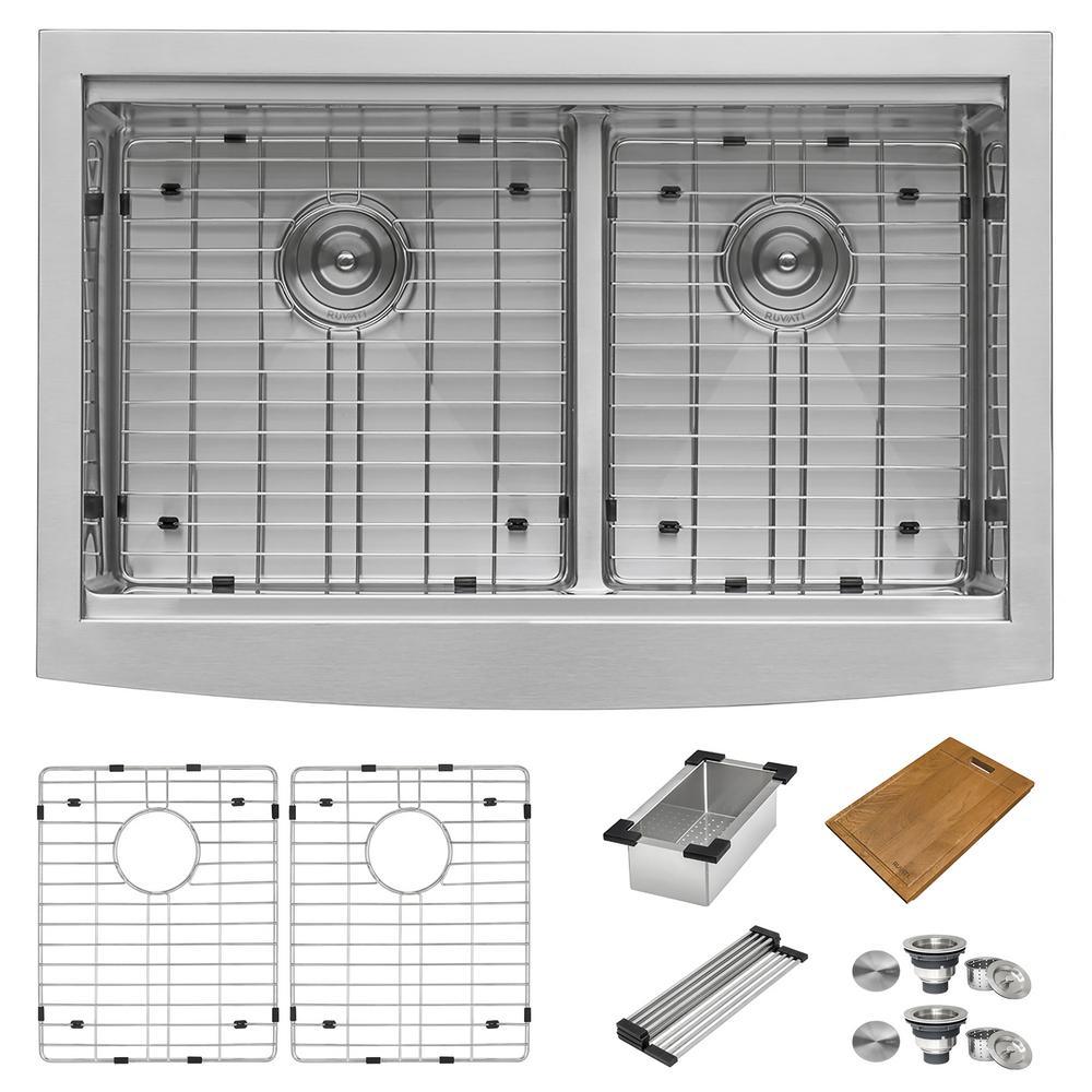 Apron-Front Stainless Steel 33 in. 16-Gauge Workstation Double Bowl 60-40 Farmhouse Kitchen Sink - Super Arbor