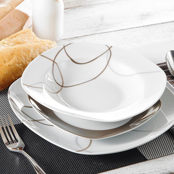 Nikita 18-Piece Casual Ivory White With Brown Lines Porcelain Dinnerware Set (Service for 6)