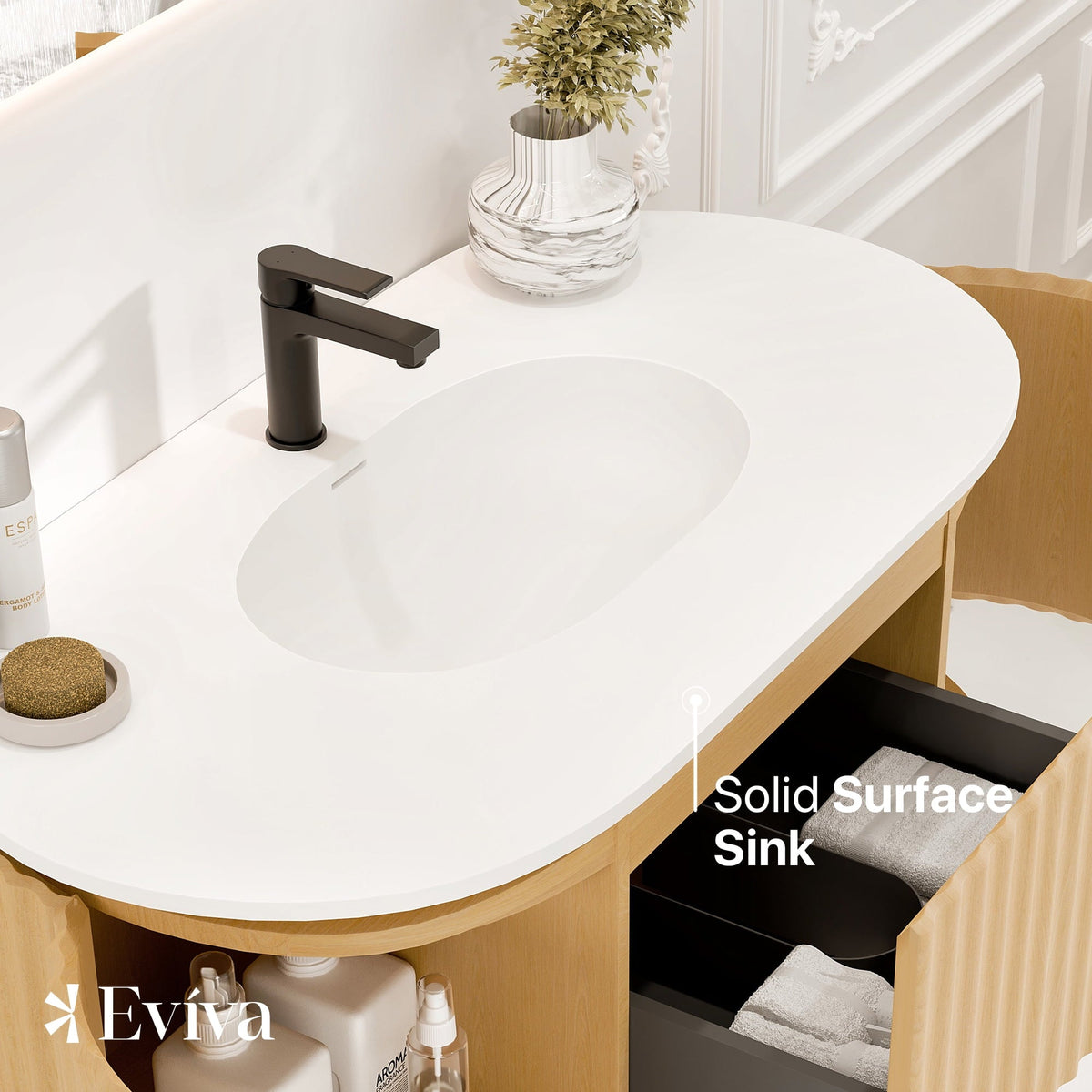 Eviva Haven 39"W x 22"D Natural Oak Bathroom Vanity with White Solid Surface Countertop and Integrated Sink