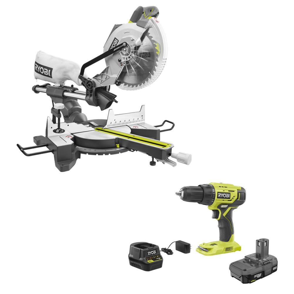 15 Amp 10 in. Sliding Compound Miter Saw and 18-Volt Cordless ONE+ 1/2 in. Drill/Driver Kit w/(1)1.5 Ah Battery, Charger - Super Arbor