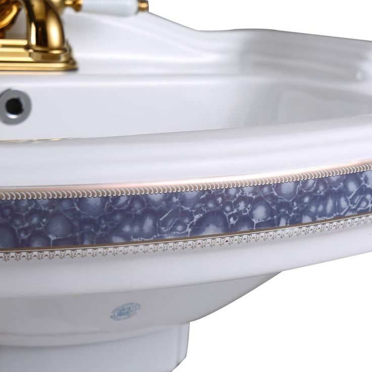 India Reserve 22-7/8 in. Pedestal Combo Bathroom Sink in White Vessel Sink Basin with Blue and Gold Design Overflow