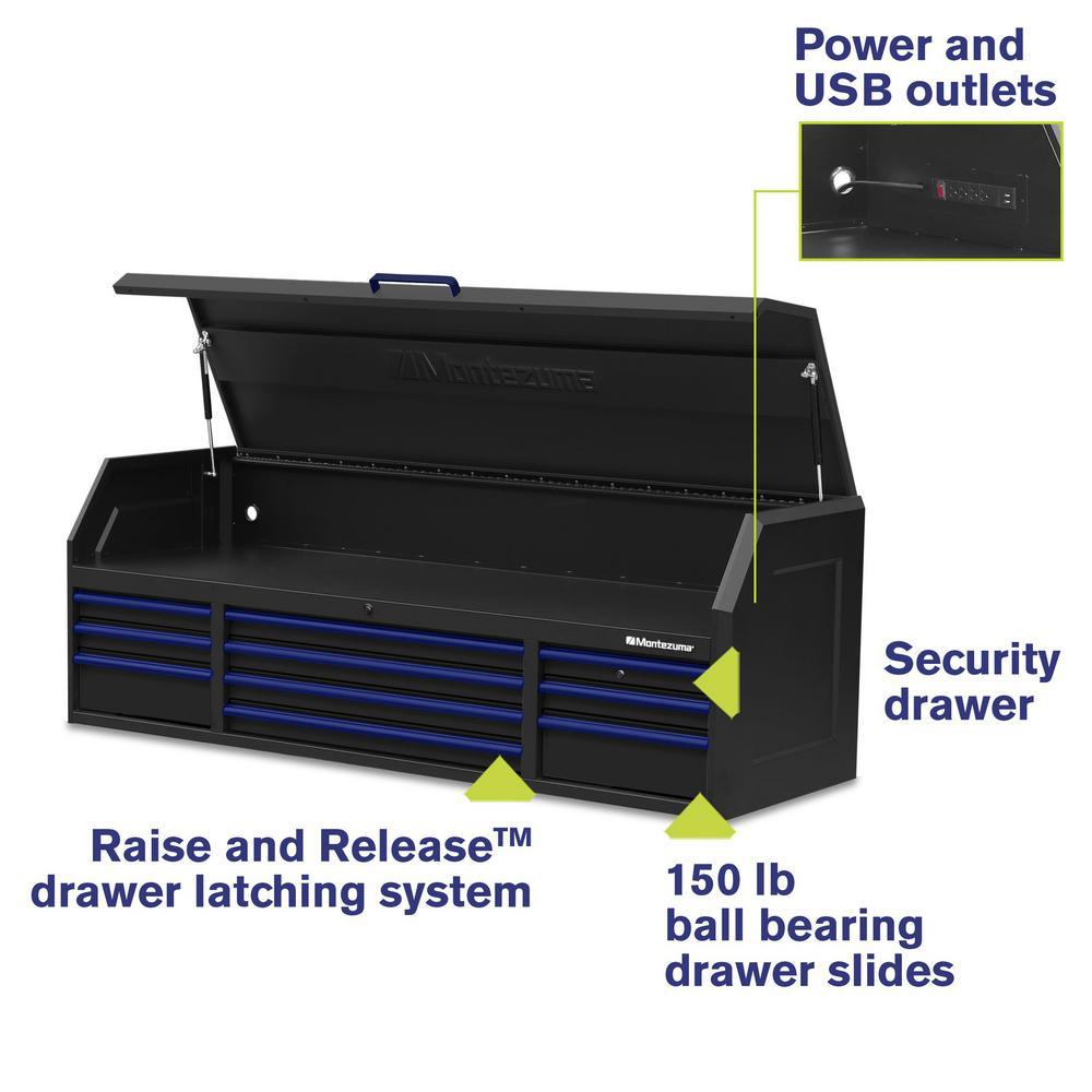 72 in. x 24 in. 10-Drawer Tool Top Chest with Power and USB Outlets in Black and Blue - Super Arbor