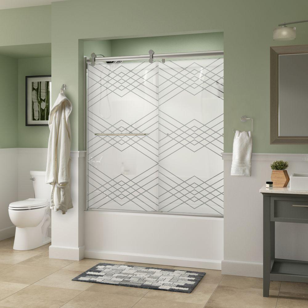 Simplicity 60 x 58-3/4 in. Frameless Contemporary Sliding Bathtub Door in Nickel with Rain Glass - Super Arbor