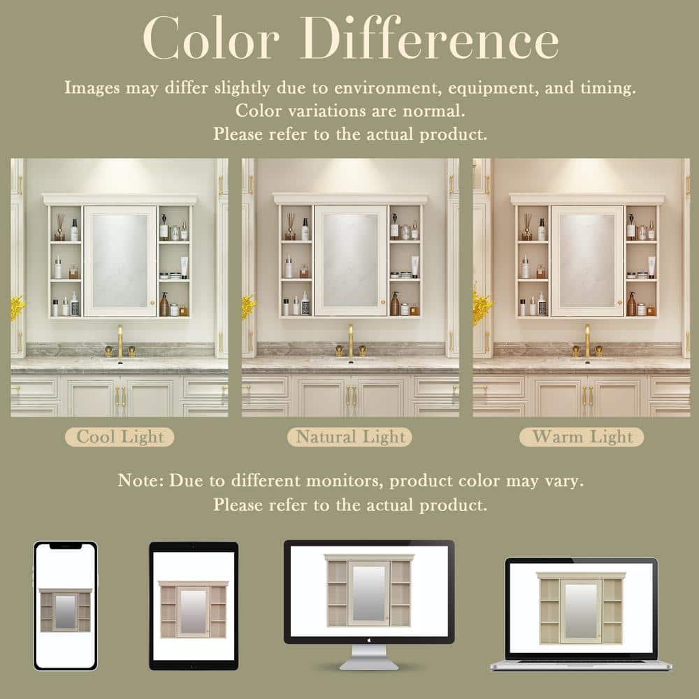 DELUXE DL LIVING 35 in. W x 28 in. H Rectangular Beige Wood Bathroom Medicine Cabinet with Mirror, Soft Close Door, Easy Hang, Open Shelf
