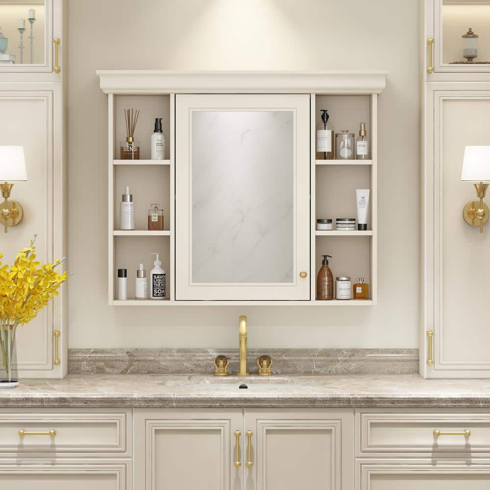 DELUXE DL LIVING 35 in. W x 28 in. H Rectangular Beige Wood Bathroom Medicine Cabinet with Mirror, Soft Close Door, Easy Hang, Open Shelf