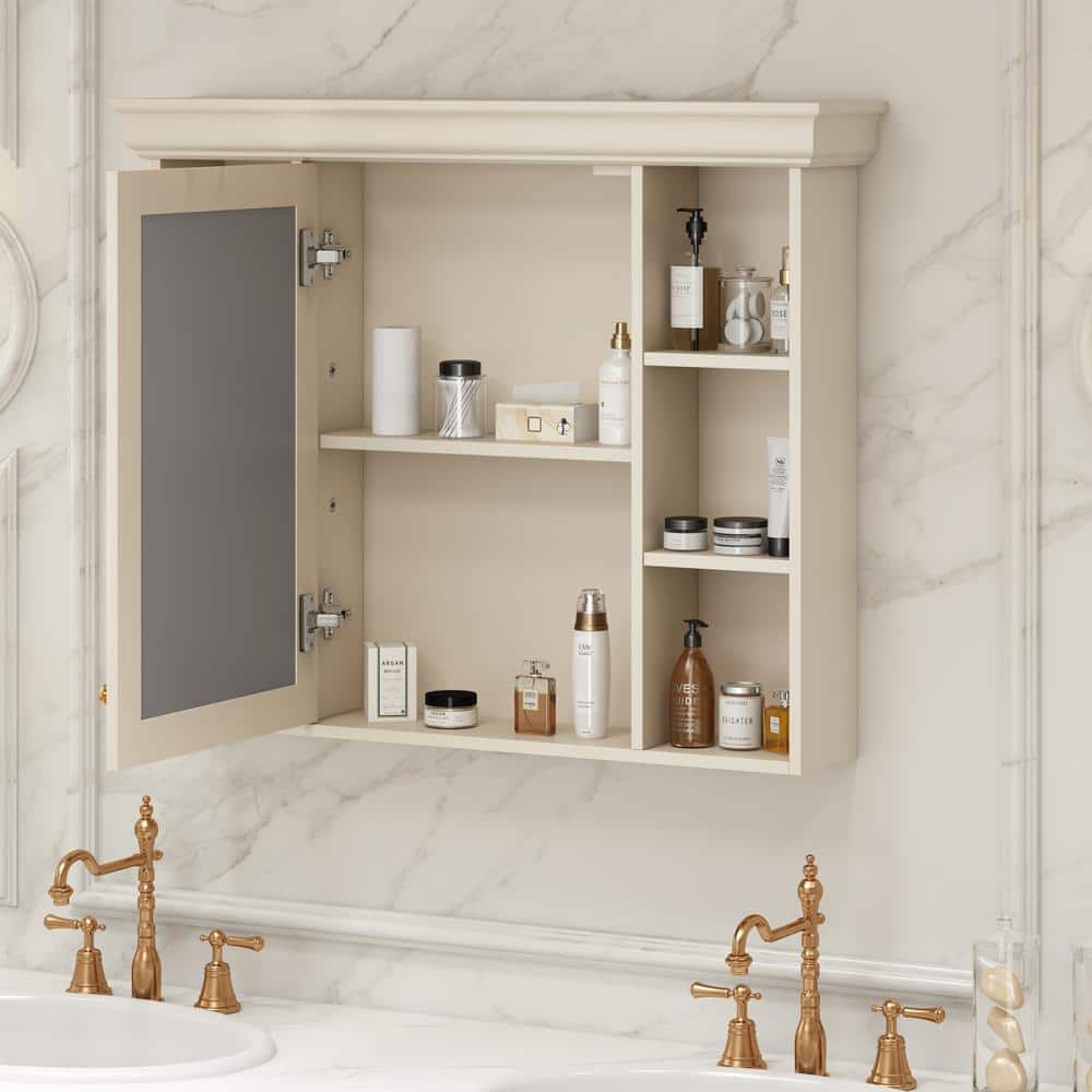 DELUXE DL LIVING 35 in. W x 28 in. H Rectangular Beige Wood Bathroom Medicine Cabinet with Mirror, Soft Close Door, Easy Hang, Open Shelf