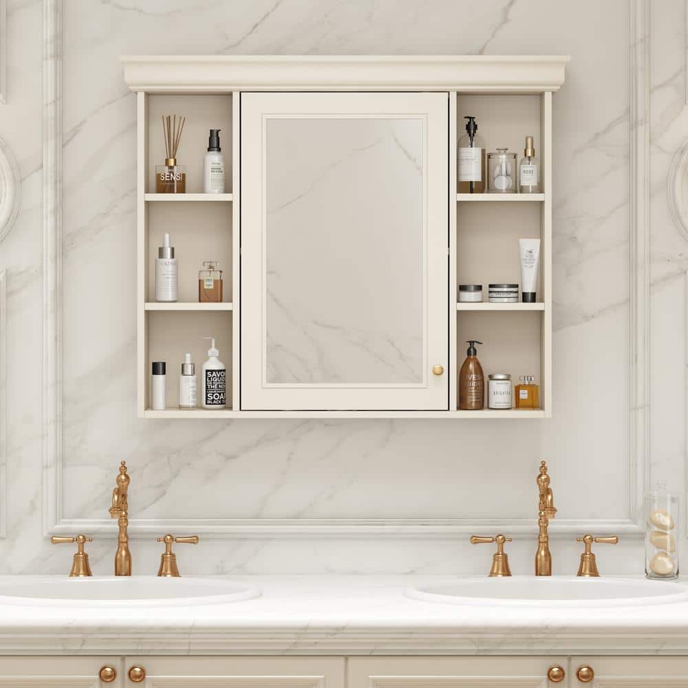 DELUXE DL LIVING 35 in. W x 28 in. H Rectangular Beige Wood Bathroom Medicine Cabinet with Mirror, Soft Close Door, Easy Hang, Open Shelf