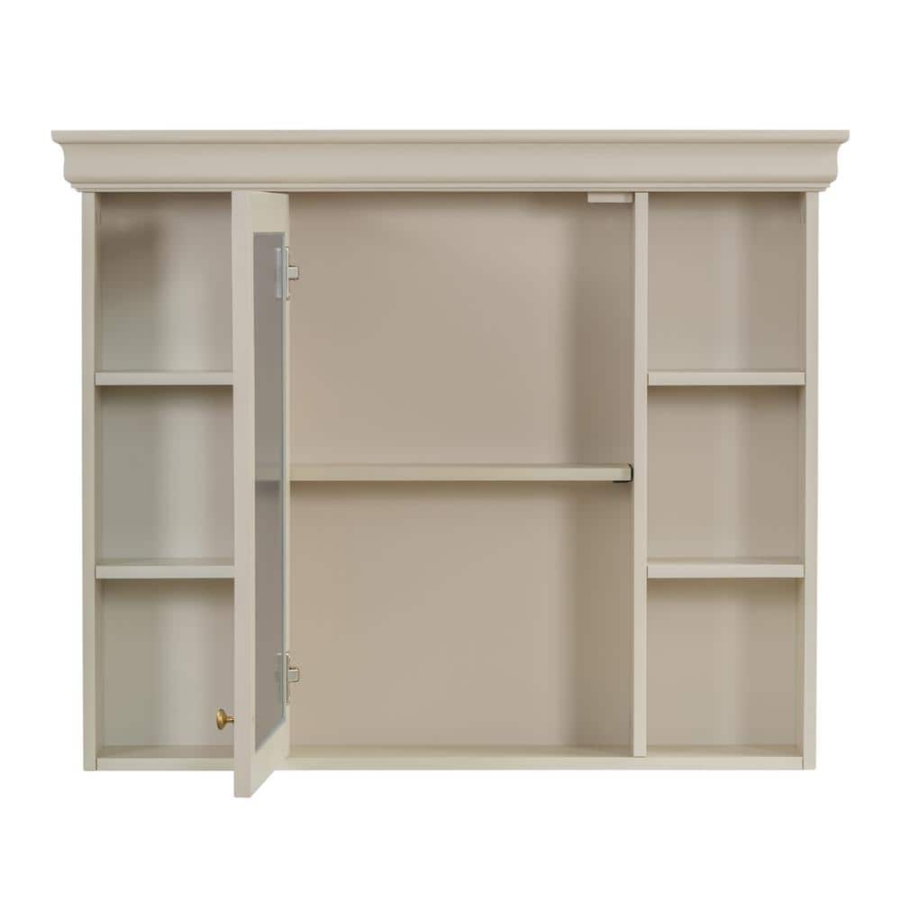 DELUXE DL LIVING 35 in. W x 28 in. H Rectangular Beige Wood Bathroom Medicine Cabinet with Mirror, Soft Close Door, Easy Hang, Open Shelf