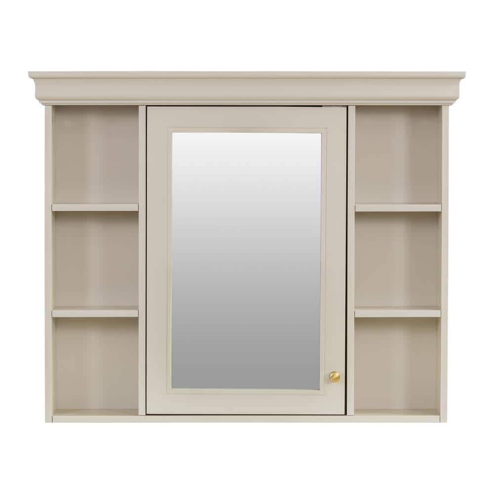 DELUXE DL LIVING 35 in. W x 28 in. H Rectangular Beige Wood Bathroom Medicine Cabinet with Mirror, Soft Close Door, Easy Hang, Open Shelf
