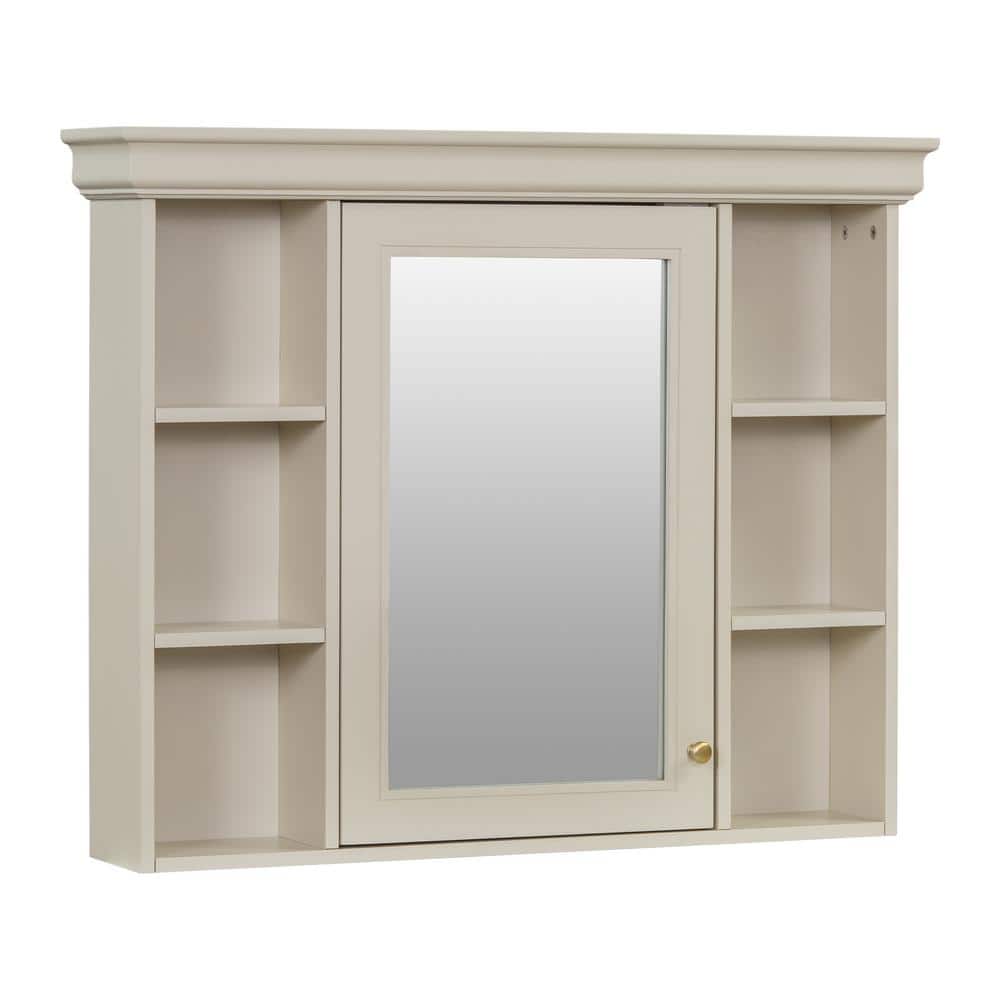 DELUXE DL LIVING 35 in. W x 28 in. H Rectangular Beige Wood Bathroom Medicine Cabinet with Mirror, Soft Close Door, Easy Hang, Open Shelf
