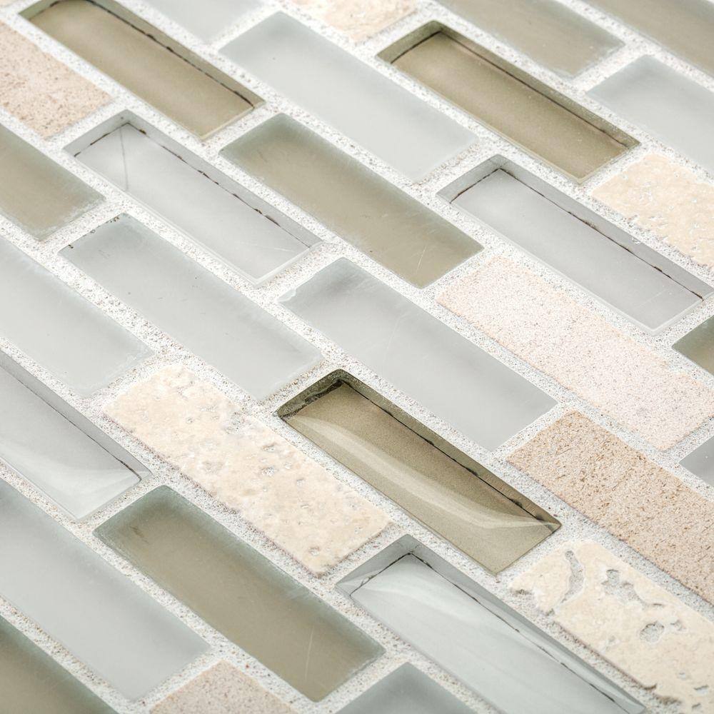 Jeffrey Court Cottage Ridge Mini Brick Beige 9.75 in. x 11.875 in. x 8 mm Interlocking Glass/Travertine Mosaic Tile