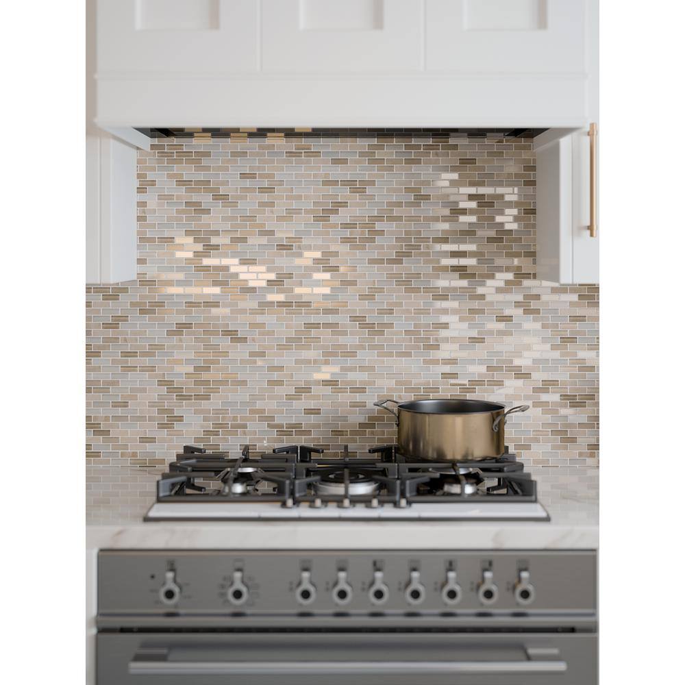 Jeffrey Court Cottage Ridge Mini Brick Beige 9.75 in. x 11.875 in. x 8 mm Interlocking Glass/Travertine Mosaic Tile