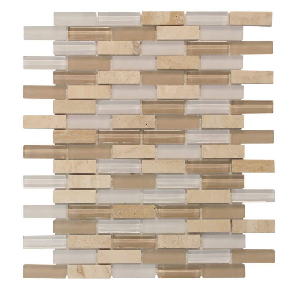 Jeffrey Court Cottage Ridge Mini Brick Beige 9.75 in. x 11.875 in. x 8 mm Interlocking Glass/Travertine Mosaic Tile