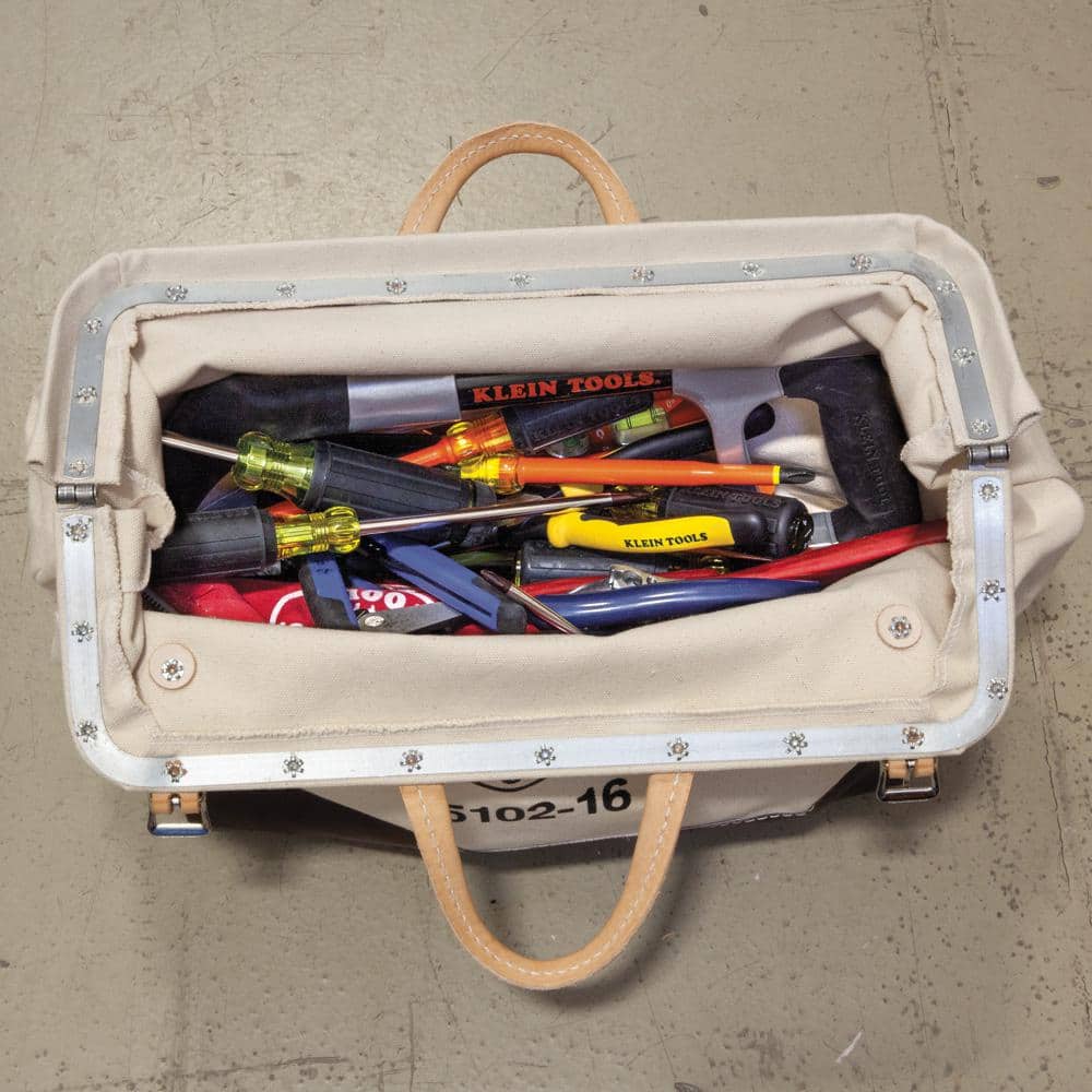 Klein Tools 5102-16 Canvas Tool Bag, 16 in. Width, Beige with Vinyl Bottom
