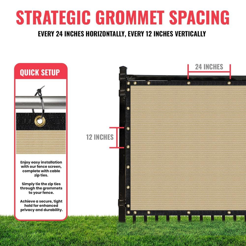SEALTECH Ultra Heavy-Duty 200 GSM Privacy Fence Screen Beige - 6 ft. x 20 ft. Non-Recycled Polyethylene 90% Cable Zip Ties