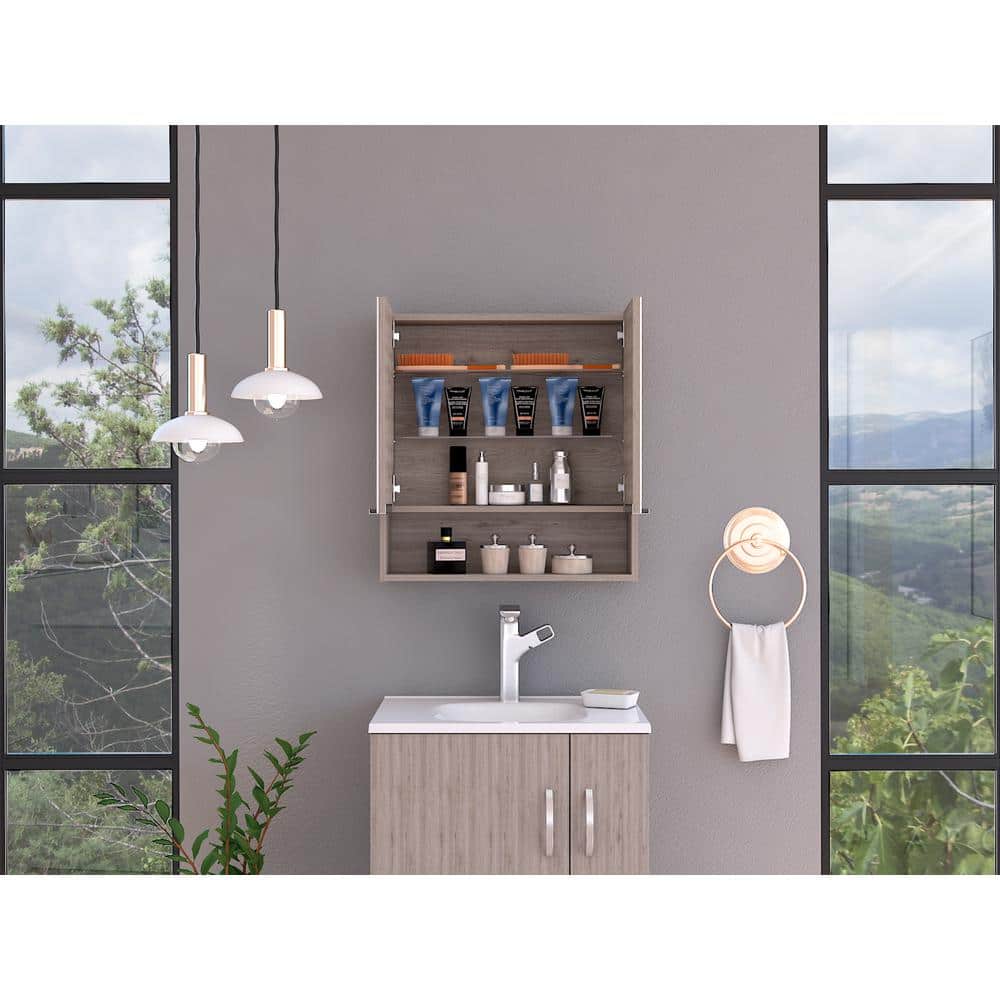 Zeus & Ruta Beige 23.6 in. W x 24.6 in. H Rectangular Particle Board Mirror Medicine Cabinet with Mirror Surface Mount Double Door