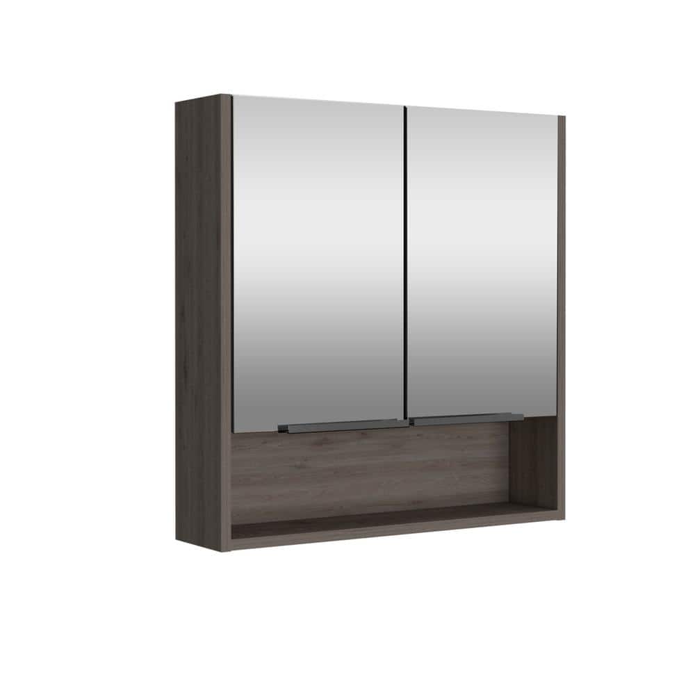 Zeus & Ruta Beige 23.6 in. W x 24.6 in. H Rectangular Particle Board Mirror Medicine Cabinet with Mirror Surface Mount Double Door