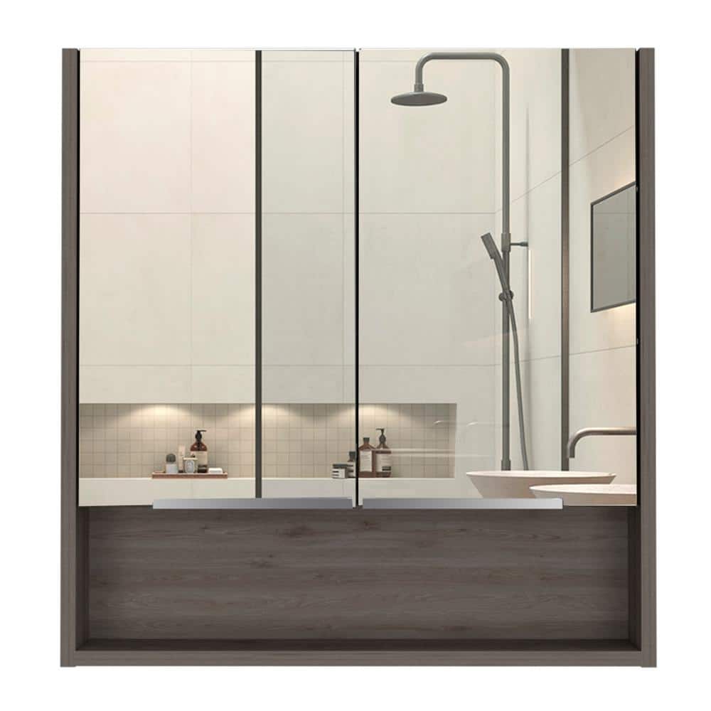 Zeus & Ruta Beige 23.6 in. W x 24.6 in. H Rectangular Particle Board Mirror Medicine Cabinet with Mirror Surface Mount Double Door