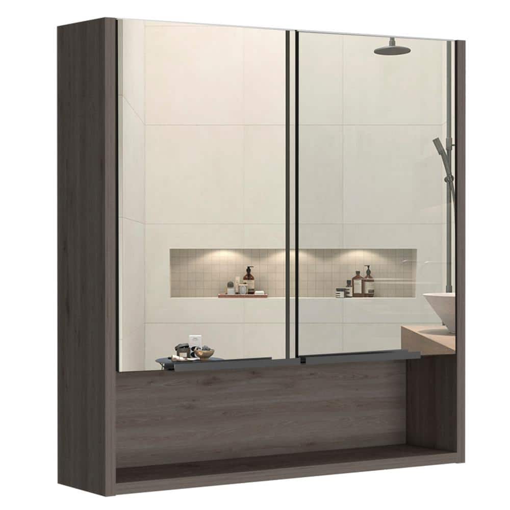 Zeus & Ruta Beige 23.6 in. W x 24.6 in. H Rectangular Particle Board Mirror Medicine Cabinet with Mirror Surface Mount Double Door