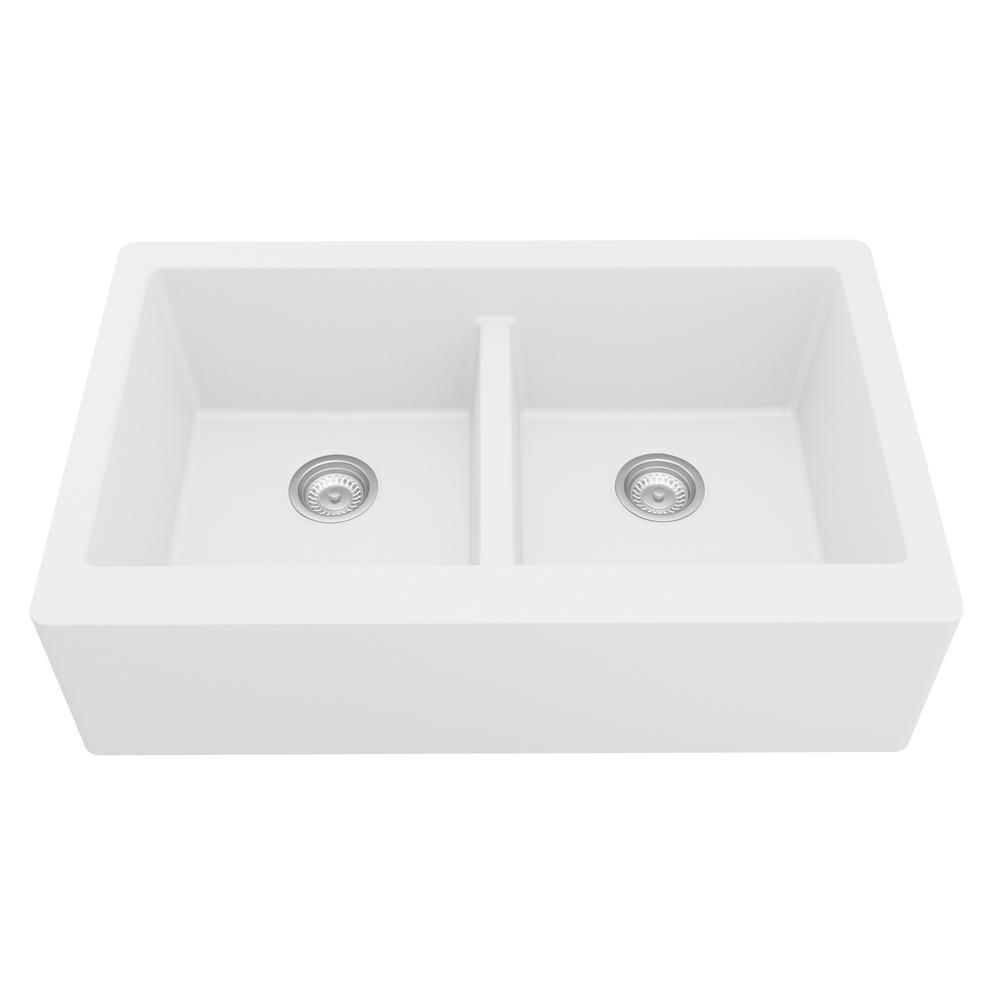 Farmhouse Apron Front Quartz Composite 34 in. Double Bowl Kitchen Sink in Black - Super Arbor