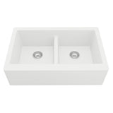 Farmhouse Apron Front Quartz Composite 34 in. Double Bowl Kitchen Sink in Black - Super Arbor