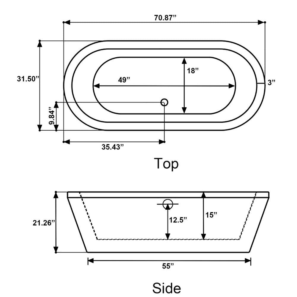 70.8 in. Acrylic Pop Up Drain Oval Double Ended Flatbottom Freestanding Bathtub in White - Super Arbor