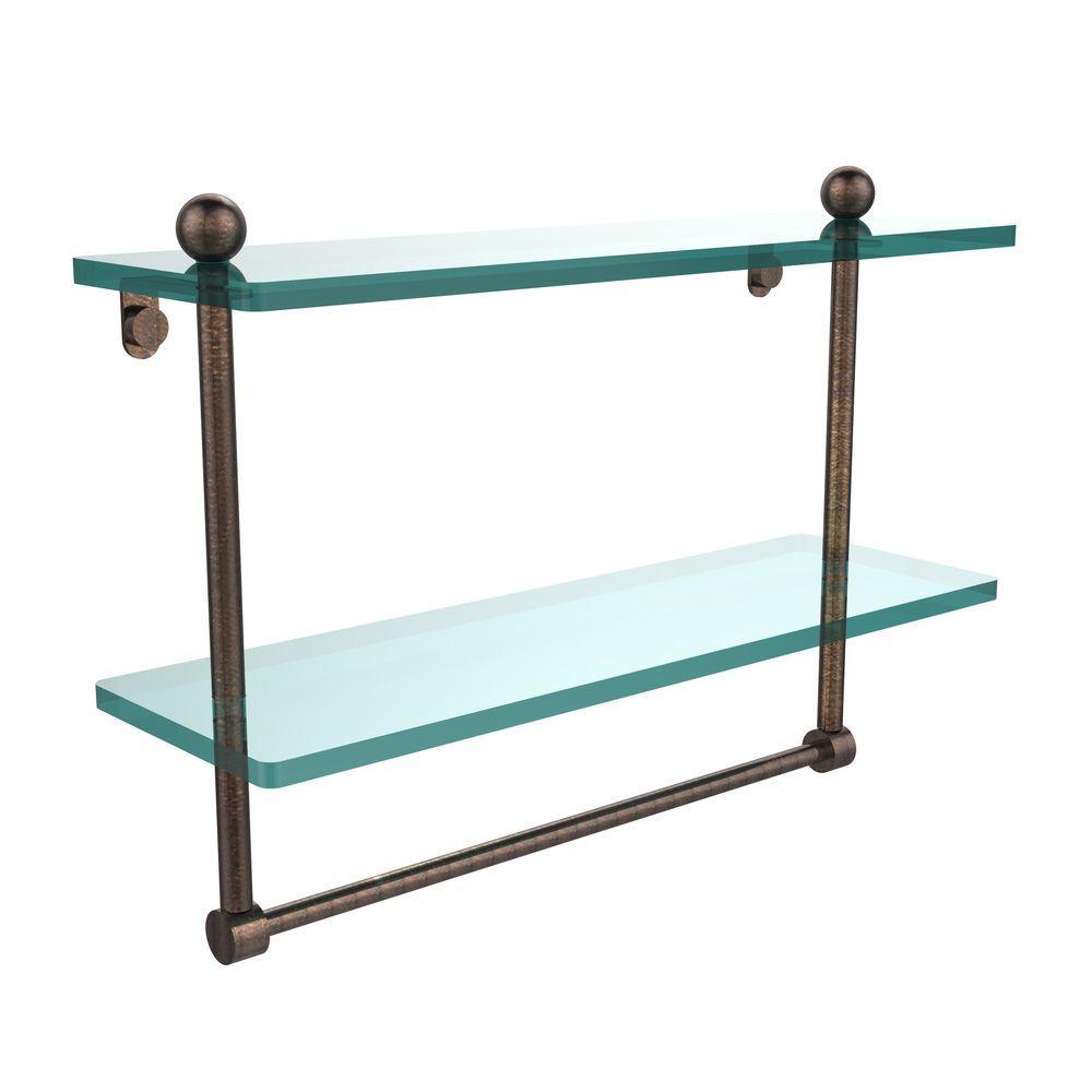 16 in. L  x 12 in. H  x 5 in. W 2-Tier Clear Glass Bathroom Shelf with Towel Bar in Satin Nickel - Super Arbor