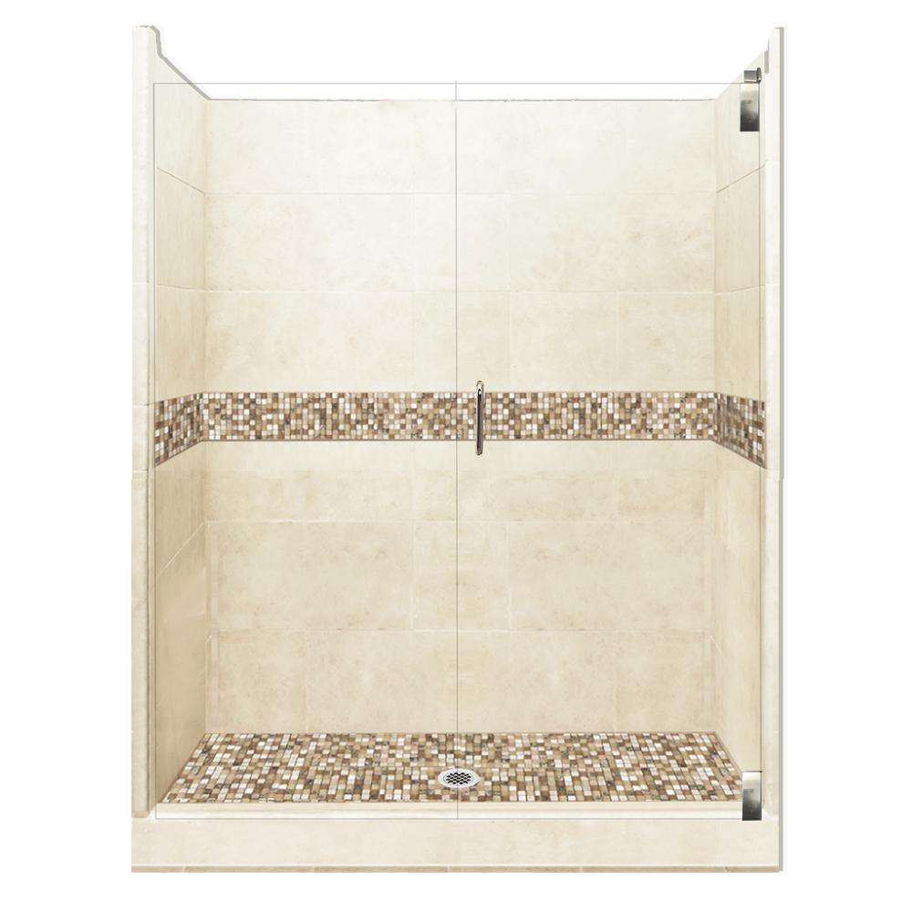 Del Mar Grand Hinged 36 in. x 54 in. x 80 in. Center Drain Alcove Shower Kit in Natural Buff and Satin Nickel Hardware - Super Arbor