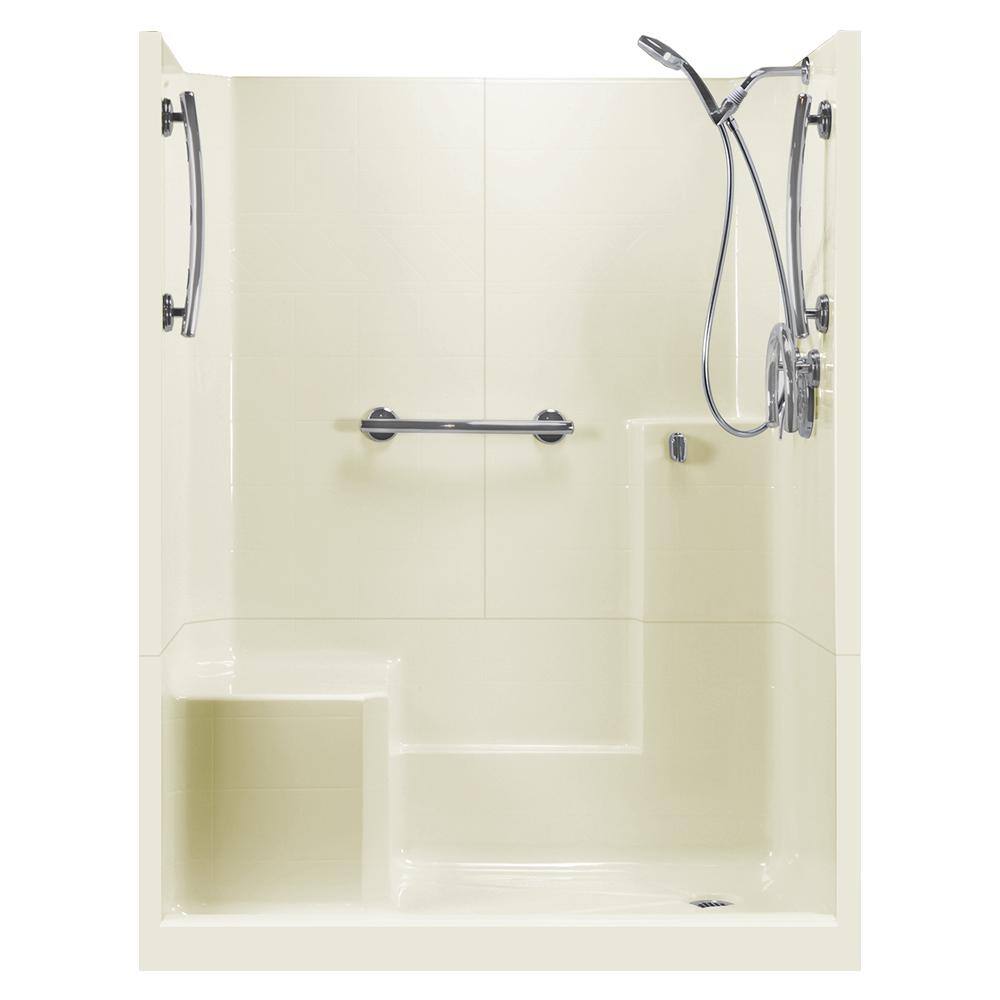 60 in. x 33 in. x 77 in. Freedom 3-Piece Low Threshold Shower Stall in White LHS Molded Seat Accessories Right Drain