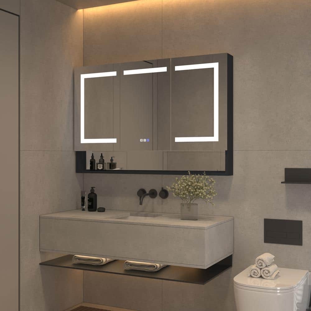 OLUMAT 48 in. W x 32 in. H Rectangular LED Anti-Fog Medicine Cabinet with Mirror, External Shelf