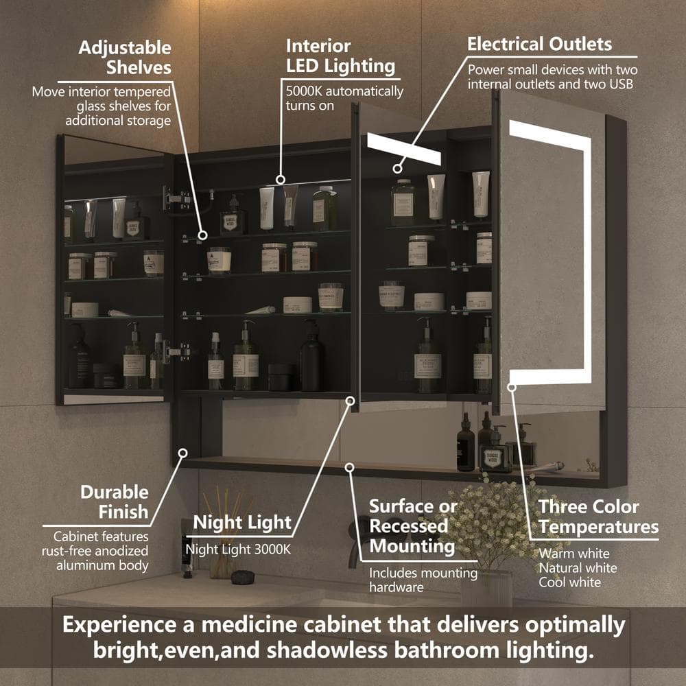 OLUMAT 48 in. W x 32 in. H Rectangular LED Anti-Fog Medicine Cabinet with Mirror, External Shelf