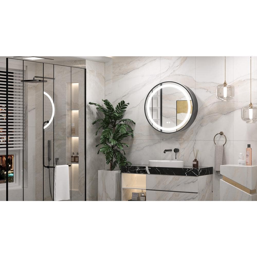 KeonJinn 24 in. W x 24 in. H Round Black Metal Framed Surface Mount Medicine Cabinet with Mirror LED Lighted 3 Colors Dimmable