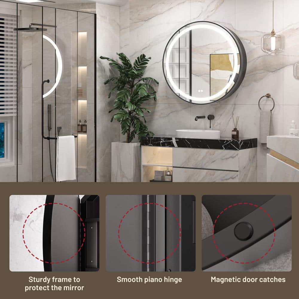 KeonJinn 24 in. W x 24 in. H Round Black Metal Framed Surface Mount Medicine Cabinet with Mirror LED Lighted 3 Colors Dimmable