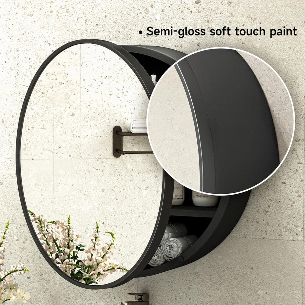 KeonJinn 26 in. W x 26 in. H Round Black Metal Framed Recessed/Surface Mount Medicine Cabinet with Mirror