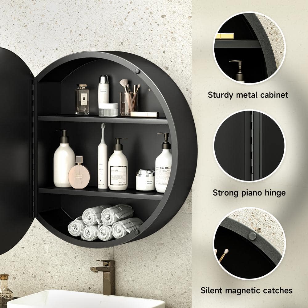 KeonJinn 26 in. W x 26 in. H Round Black Metal Framed Recessed/Surface Mount Medicine Cabinet with Mirror