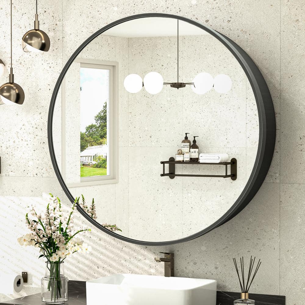 KeonJinn 26 in. W x 26 in. H Round Black Metal Framed Recessed/Surface Mount Medicine Cabinet with Mirror