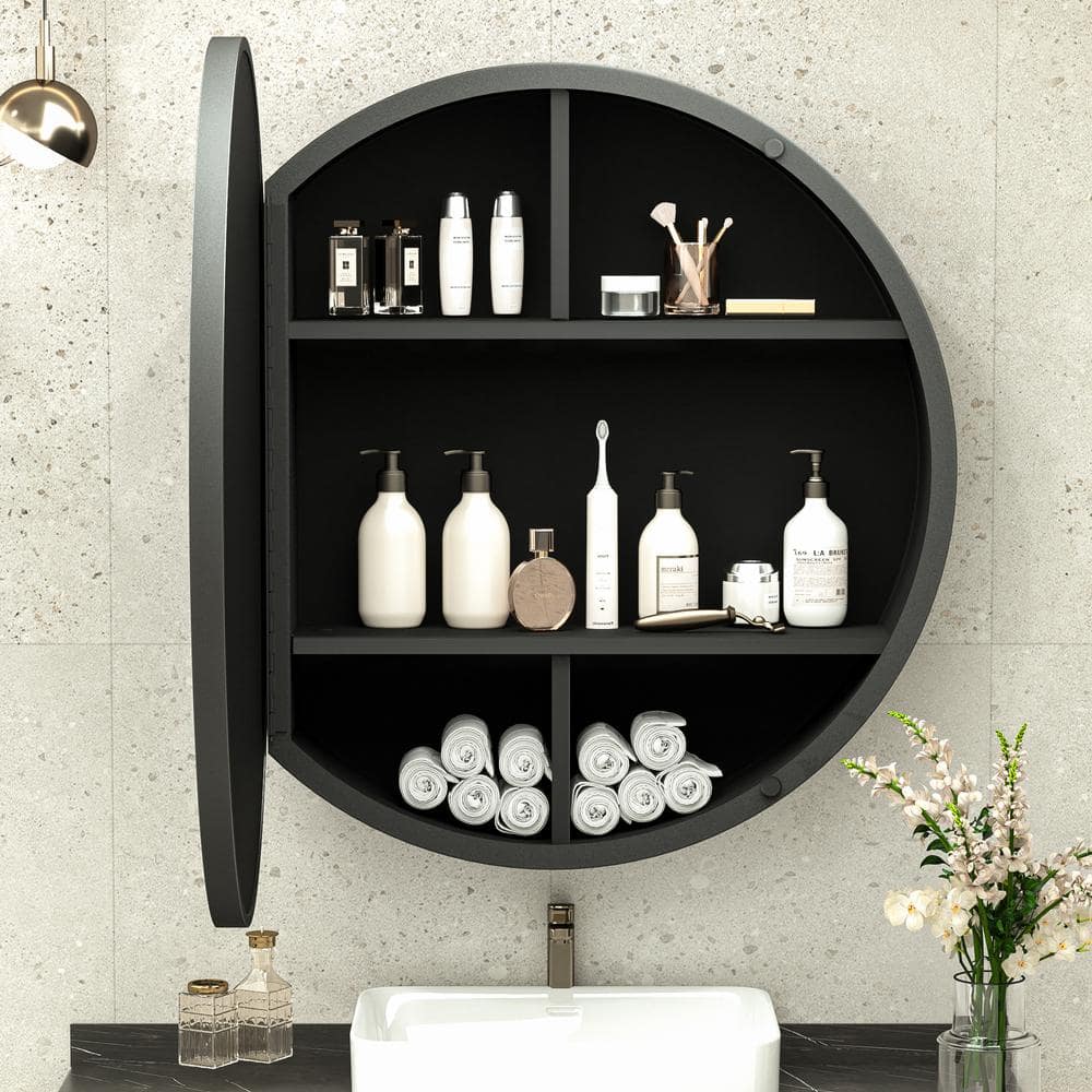 KeonJinn 26 in. W x 26 in. H Round Black Metal Framed Recessed/Surface Mount Medicine Cabinet with Mirror