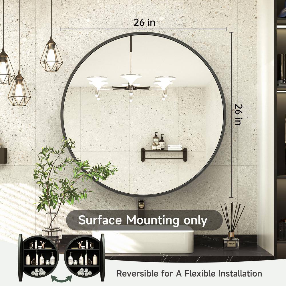 KeonJinn 26 in. W x 26 in. H Round Black Metal Framed Recessed/Surface Mount Medicine Cabinet with Mirror