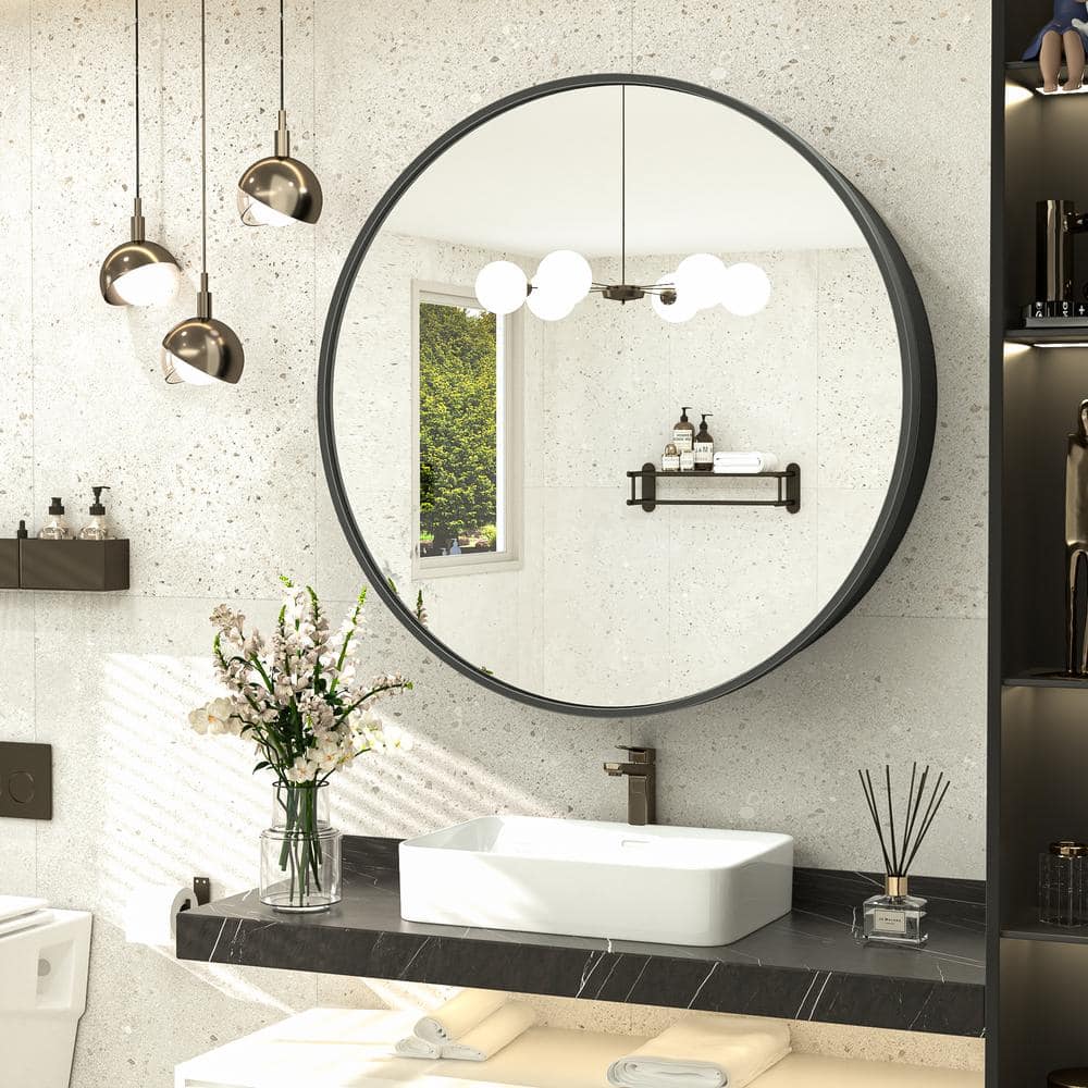 KeonJinn 26 in. W x 26 in. H Round Black Metal Framed Recessed/Surface Mount Medicine Cabinet with Mirror