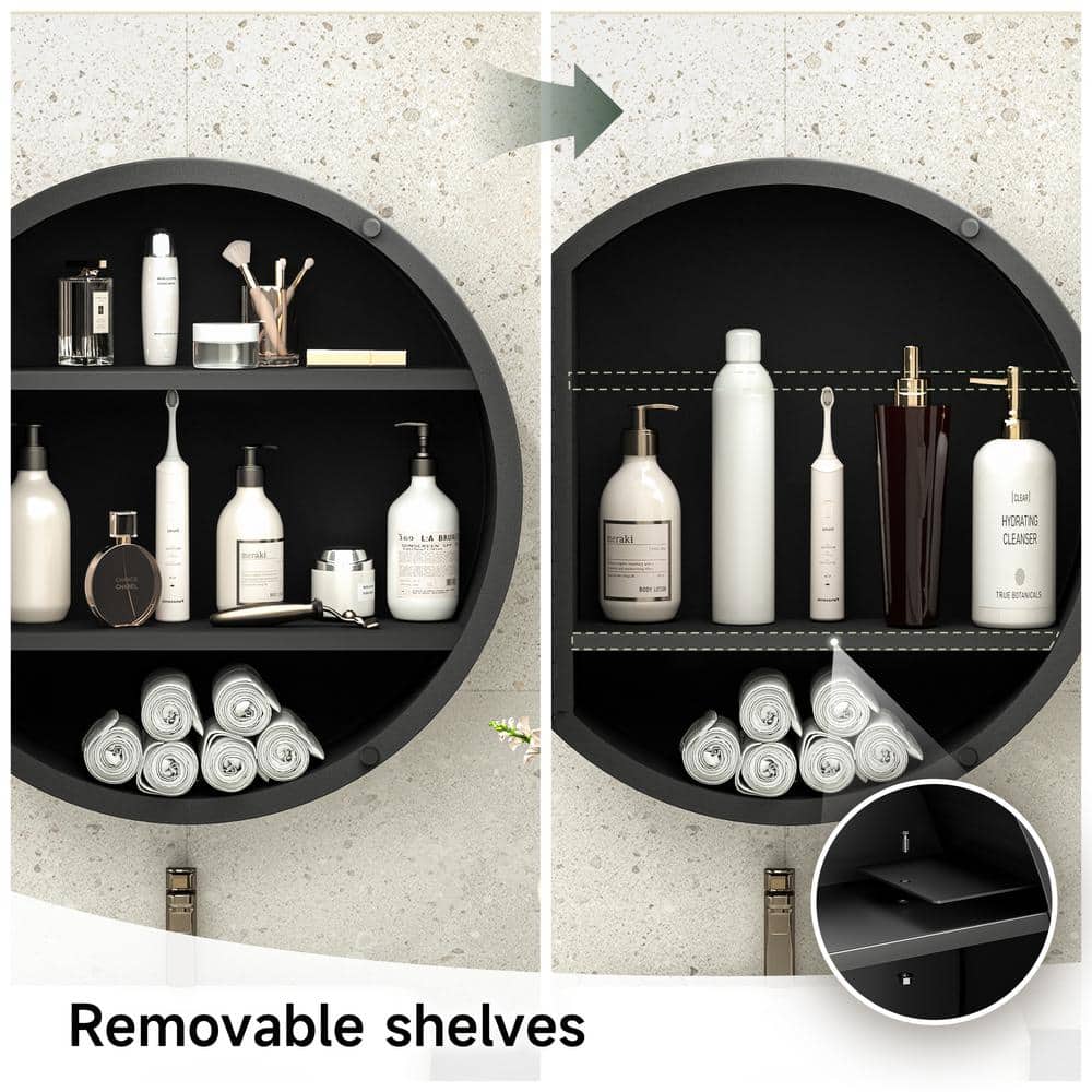 KeonJinn 26 in. W x 26 in. H Round Black Metal Framed Recessed/Surface Mount Medicine Cabinet with Mirror