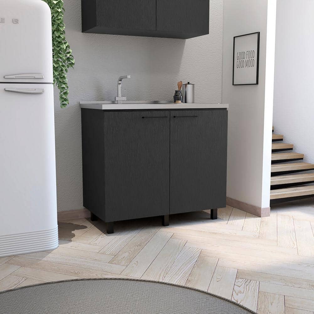 Adrinfly Black Stainless Steel Utility Sink with Countertop and Storage