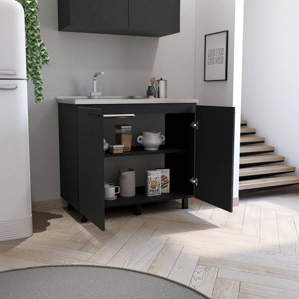 Adrinfly Black Stainless Steel Utility Sink with Countertop and Storage