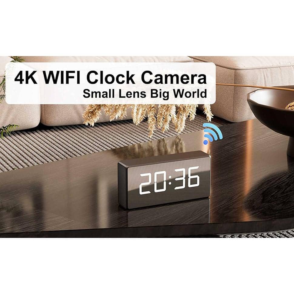 Ahfiwaso Indoor 4K Hidden WiFi Small Clock Nanny Camera Indoor Home Office WiFi Security Camera with Night Vision, Black Finish
